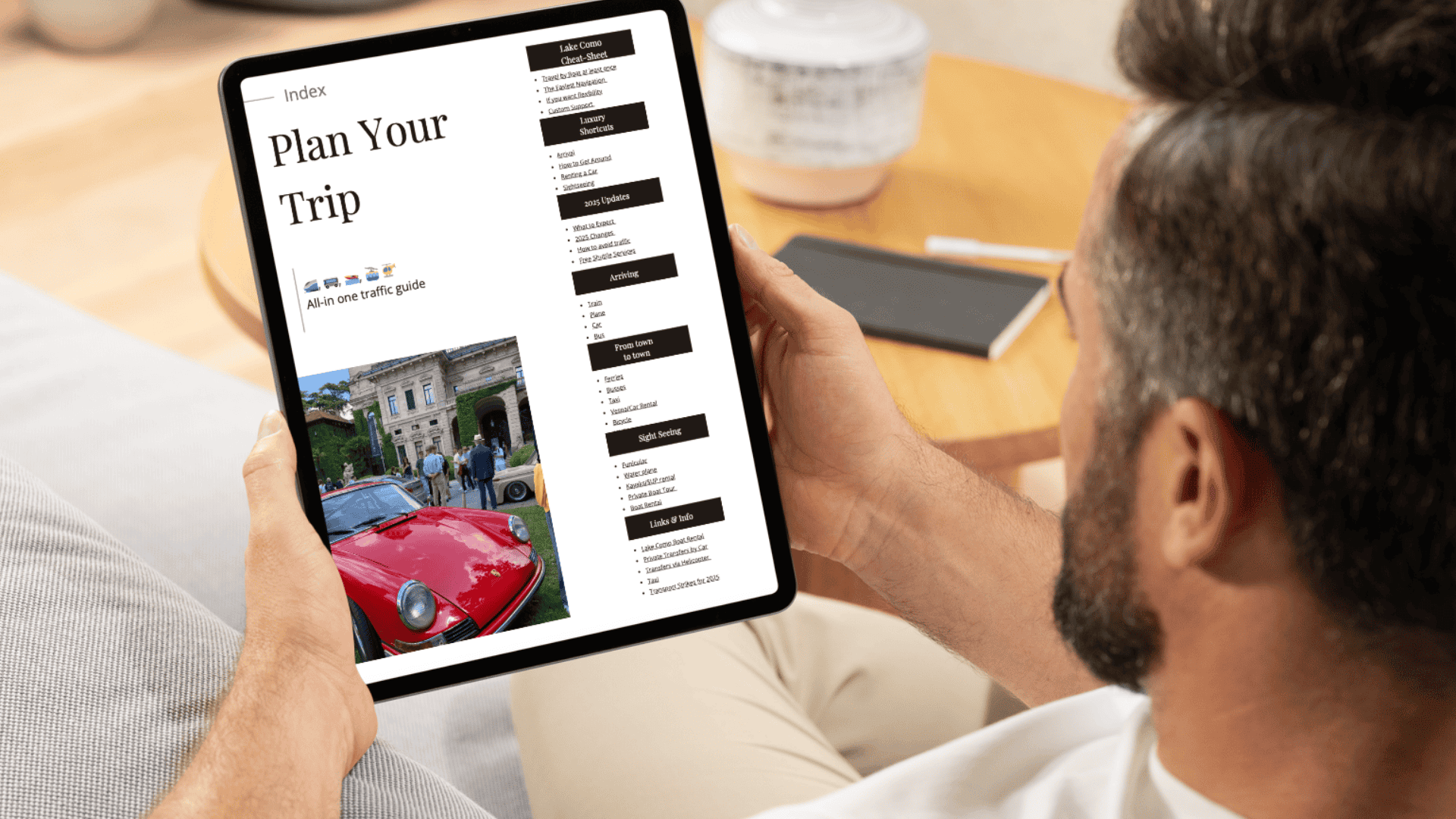 Preview pages of the Lake Como Transport Guide showing ferry tips and time-saving routes